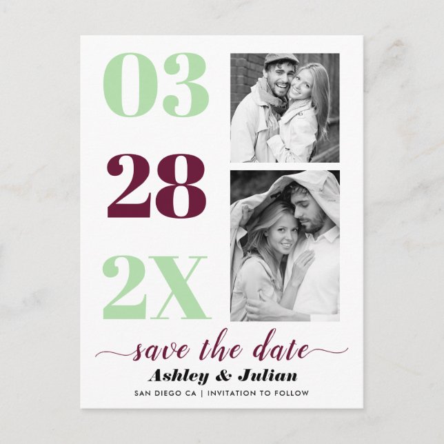 Burgundy, mint green two photo Save the Date Postcard (Front)
