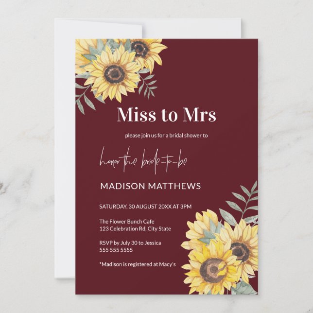 Burgundy Miss to Mrs Sunflower Bridal Shower  Invitation (Front)