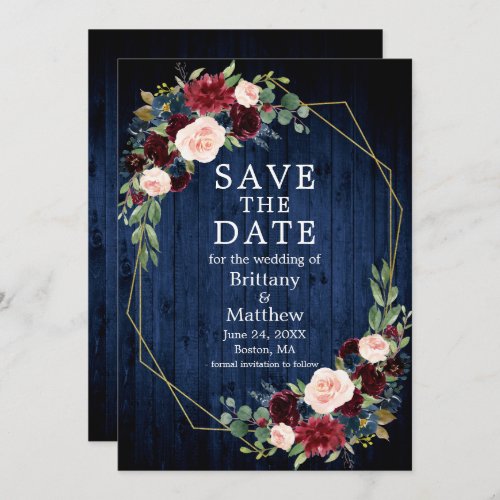 Burgundy Mixed Floral Blue Wood Geo Frame Save The Date