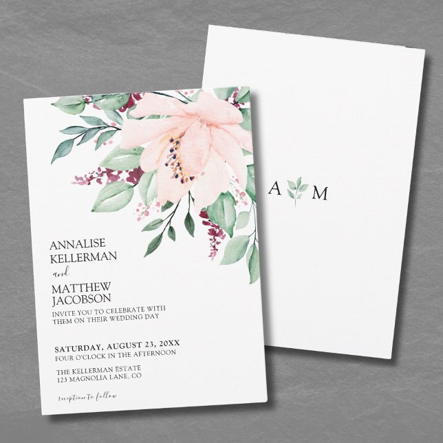 Burgundy Modern Blush Pink Floral Wedding Invitation (Modern Pink Burgundy Floral Wedding Invitation)