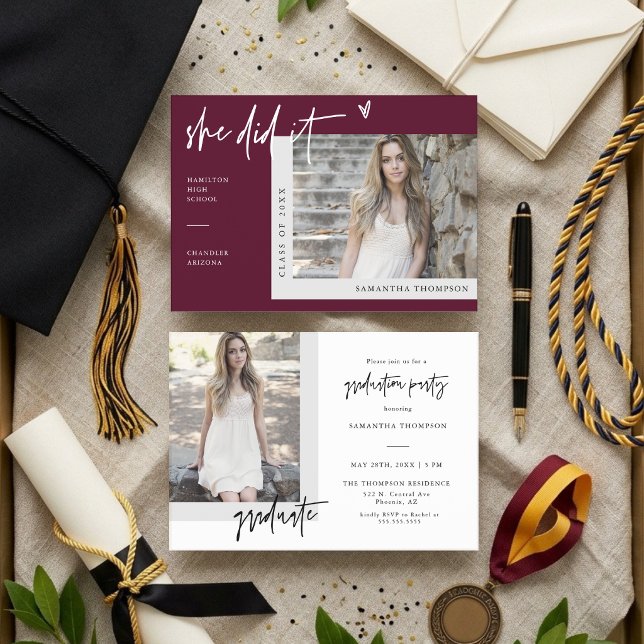 Burgundy Modern Boho She Did It Grad Photo Invite (Creator Uploaded)