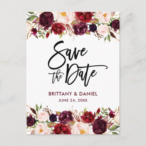 Burgundy Modern Brush Script Save the Date Floral Announcement Postcard