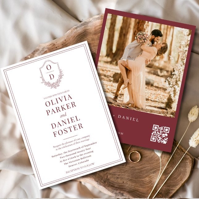 Burgundy Modern Crest QR Code Photo Wedding Invitation (Creator Uploaded)