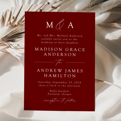 Burgundy Modern Elegance Monogram Wedding Invitation