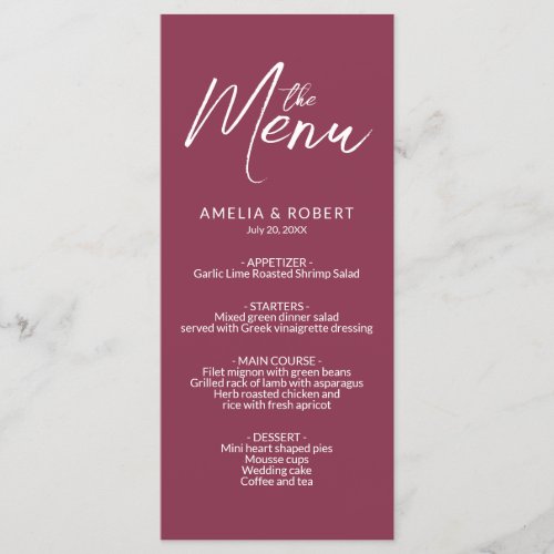 Burgundy Modern Elegant Simple Wedding Menu 