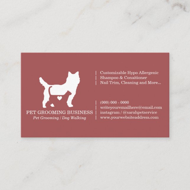 Burgundy Modern Formal Cat Dog Heart Pet Business Card (Front)