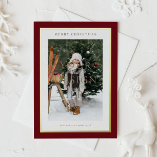 Burgundy Modern Gold Foil Frame Photo Christmas Foil Holiday Postcard