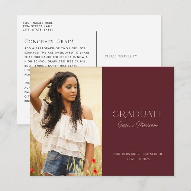 Burgundy Modern Grad 2024 Photo Graduation Postcard (Front/Back)