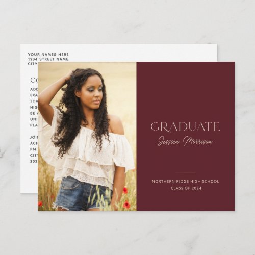 Burgundy Modern Grad 2024 Photo Graduation Postcard