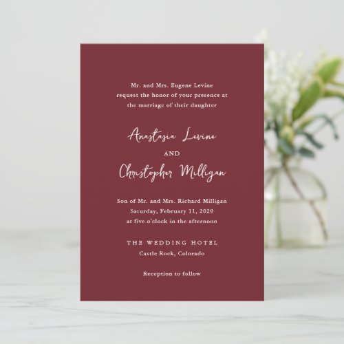 Burgundy Modern Handwriting Elegant Wedding Invitation