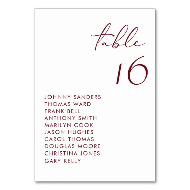 Burgundy Modern Handwritten Script Wedding Table Number (Front)