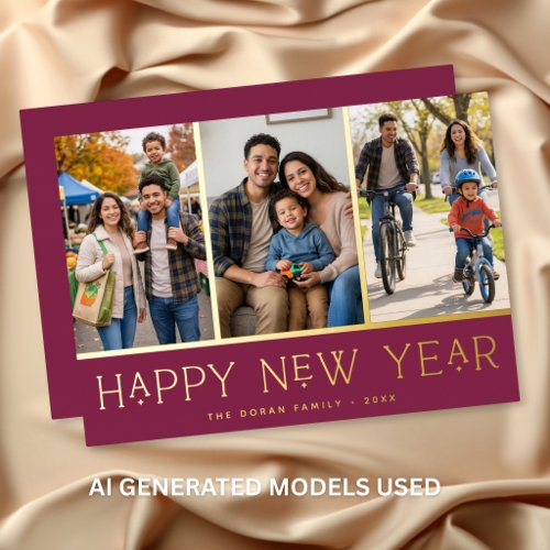 Burgundy Modern Happy New Year Photo Collage Foil Holiday Card