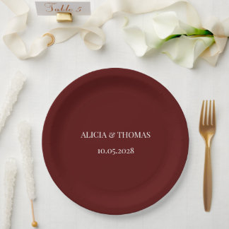 Burgundy Modern Initials Minimalist Wedding  Paper Plates