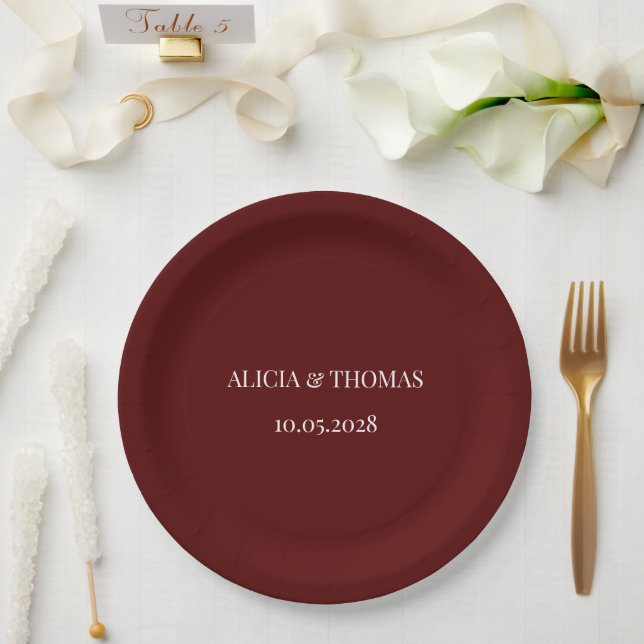 Burgundy Modern Initials Minimalist Wedding  Paper Plates (Wedding)