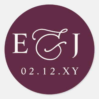 Burgundy Modern Initials Monogram Wedding Classic Round Sticker