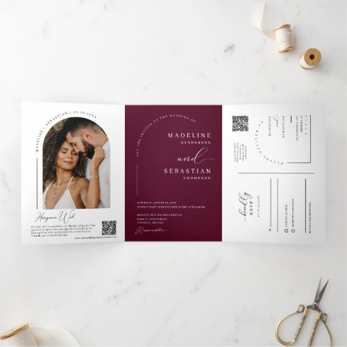 Burgundy Modern Minimal Arch Photo QR Code Wedding Tri_Fold Invitation