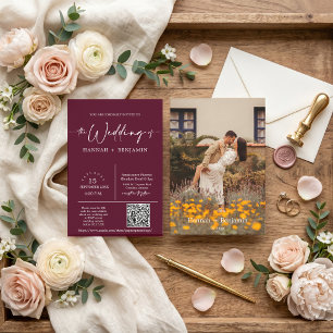 Burgundy Modern Minimal Wedding Arch QR Code Photo Invitation
