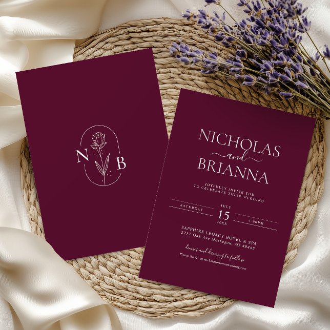 Burgundy Modern Minimalist Boho Wedding Monogram Invitation (Creator Uploaded)