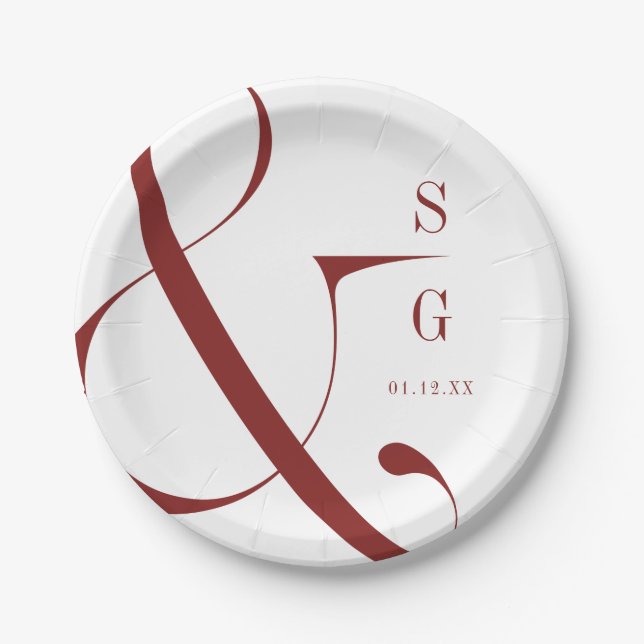 Burgundy modern minimalist couples monogram paper plates (Front)