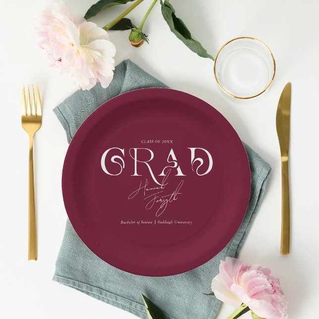 Burgundy Modern Minimalist | Graduation Party Paper Plates (Creator Uploaded)