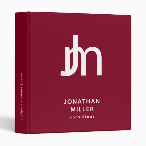 Burgundy Modern Minimalist Monogram 3 Ring Binder