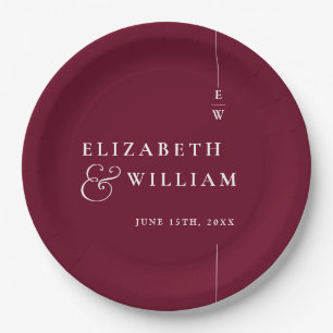 Burgundy Modern Minimalist Monogram Wedding Paper Plates