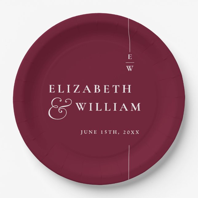 Burgundy Modern Minimalist Monogram Wedding Paper Plates (Front)