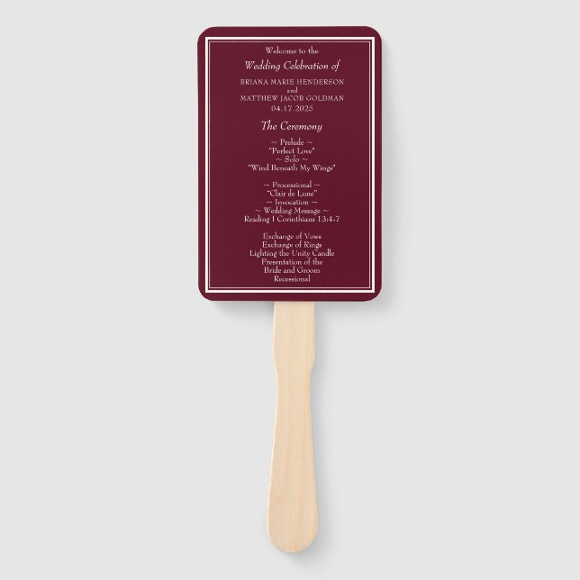 Burgundy Modern Minimalist Wedding Program Hand Fan (Front)