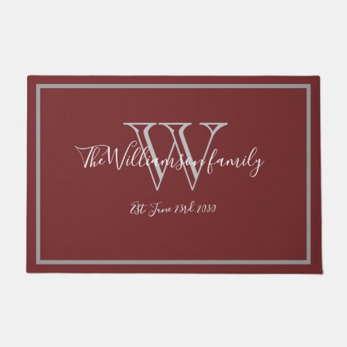 Burgundy Modern Monogram Name Cute Wedding Welcome Doormat