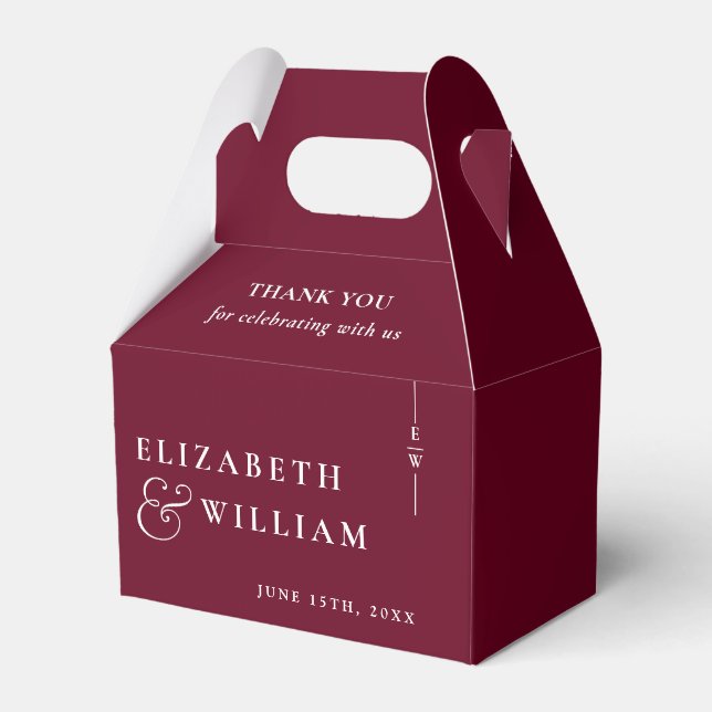 Burgundy Modern Monogram Wedding Thank You  Favor Boxes (Front Side)