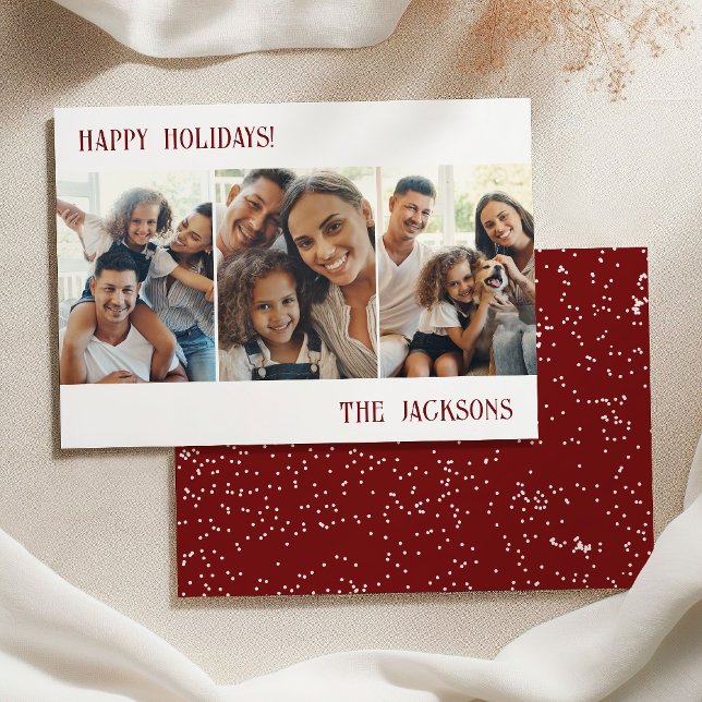 Burgundy Modern Photo Collage Holiday Card & Snow (Creator Uploaded)