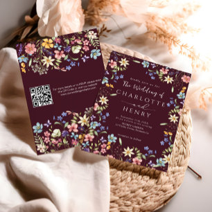 Burgundy Modern QR Code Wildflower Wedding Invitation