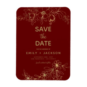 Burgundy Modern Save the Date Floral Gold Foil Magnet