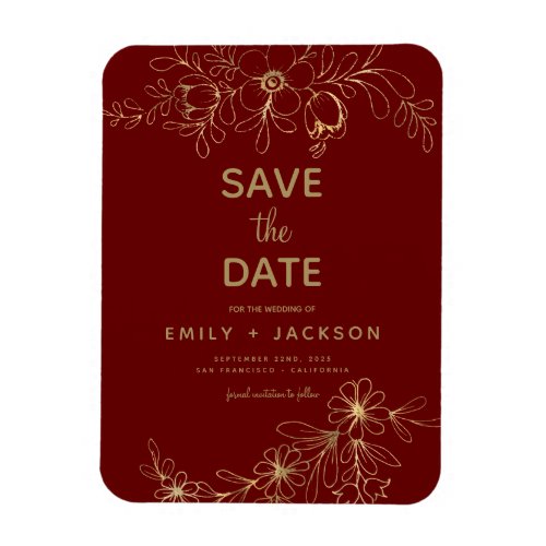 Burgundy Modern Save the Date Floral Gold Foil Magnet