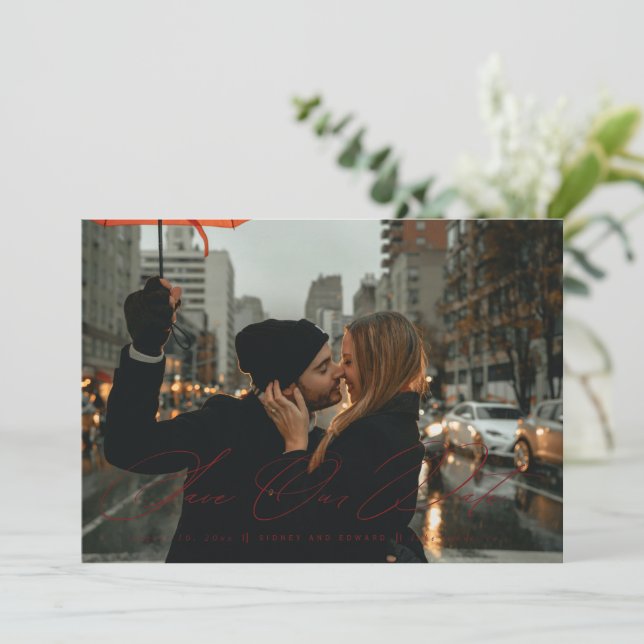 Burgundy Modern Save The Date Photo Card (Standing Front)