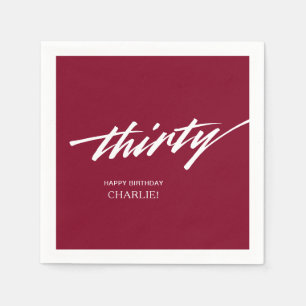 Burgundy Modern Script 30th Birthday Party Napkins
