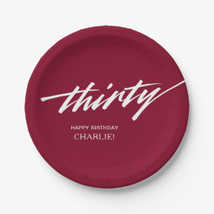 Burgundy Modern Script 30th Birthday Party Paper Plates