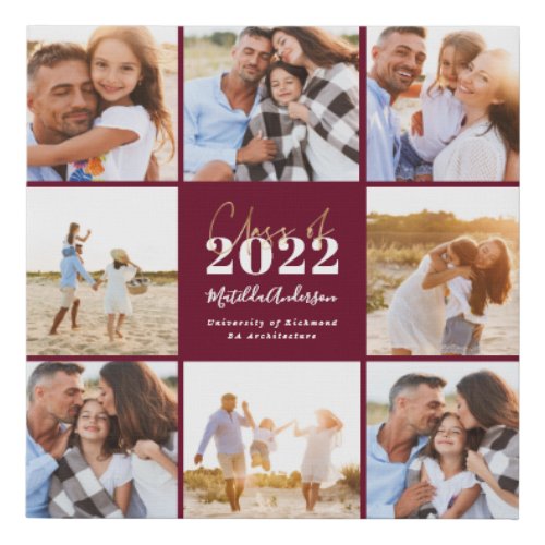 burgundy modern script grad photo class of 2022 faux canvas print