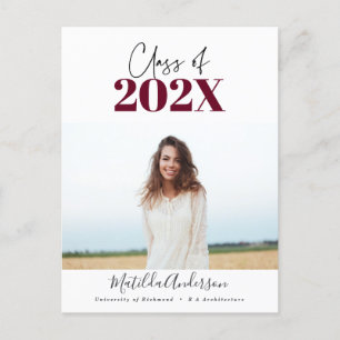 burgundy modern script grad photo class of 2022 postcard