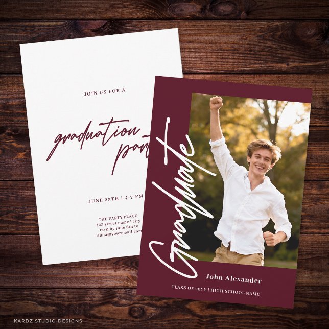 Burgundy Modern Script Graduate Photo Graduation Invitation (The front and back of the invitation are shown at 5x7-inch size. Choose size, paper, + corner style.)