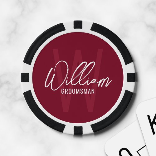 Burgundy Modern Script Personalized Groomsmen Poker Chips