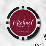 Burgundy Modern Script Personalized Groomsmen Poker Chips<br><div class="desc">Add a personal touch to your wedding with personalized groomsmen poker chips. This design features personalized groomsmen's name in white modern script font style and monogram in light burgundy red modern script font style as background with title and wedding date in white modern sans serif font style on burgundy red...</div>