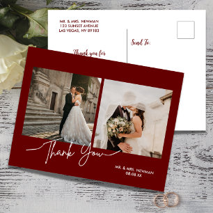 Burgundy Modern Script Photo Wedding Thank You Postcard