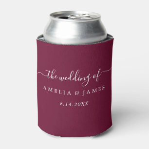 Burgundy Modern Script Wedding Can Cooler
