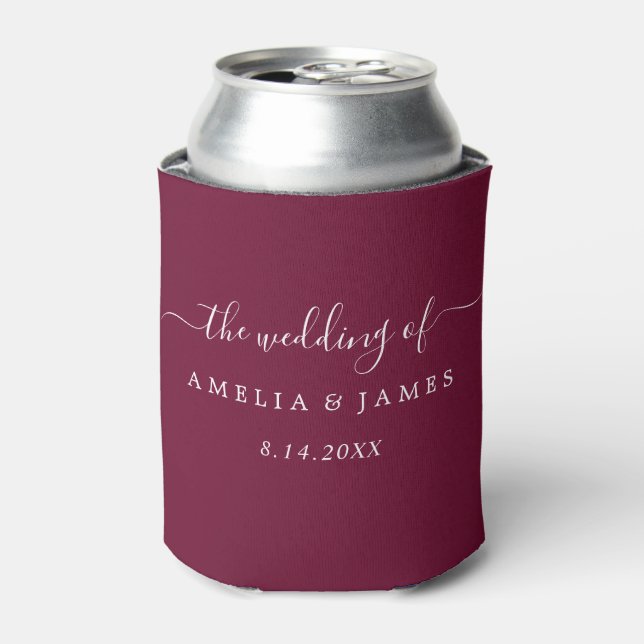 Burgundy Modern Script Wedding Can Cooler (Can Front)