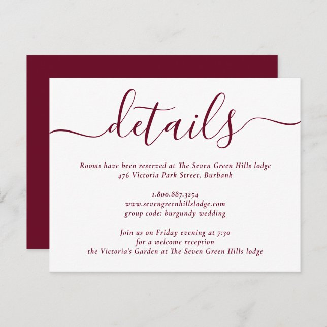 Burgundy Modern Script Wedding Enclosure Card (Front/Back)