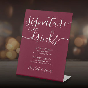Burgundy Modern Script Wedding Signature Drinks Pedestal Sign