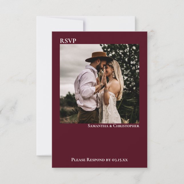 Burgundy Modern Simple Minimalist Photo Wedding RSVP Card (Front)