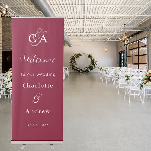 Burgundy modern simple monogram wedding welcome retractable banner