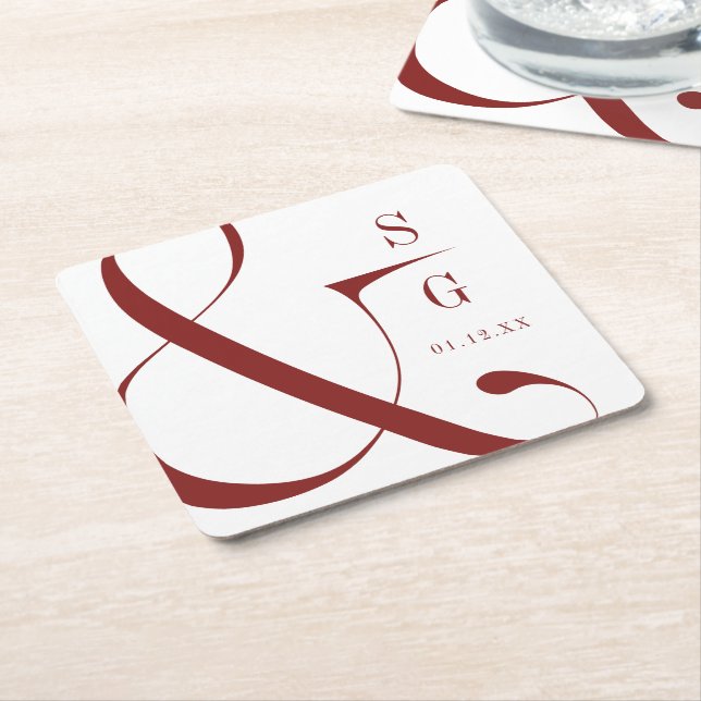 Burgundy modern typography couples monogram square paper coaster (Angled)